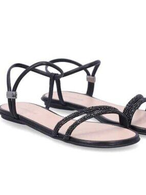 Luz  da Lua Women's Black Leather & Rhinestone Flat Sandals